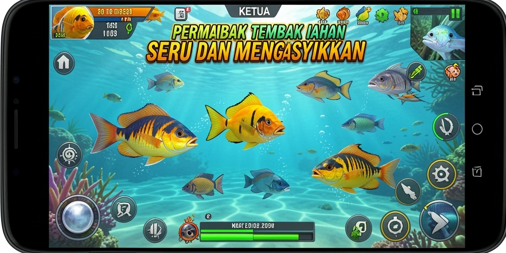 Tampilan gameplay KETUA dengan aksi menembak ikan yang mendebarkan.