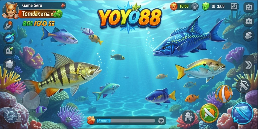 Screenshot gameplay YOYO88 menampilkan aksi seru menembak ikan.